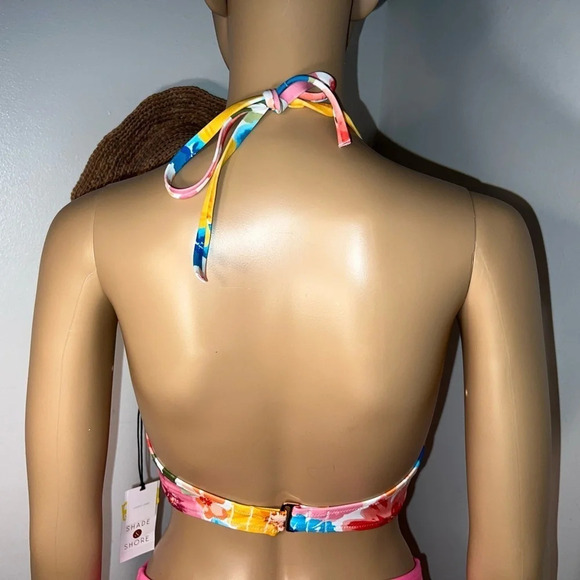 Shade &Shore, 34B, NWT Pink floral, bikini top with a halter neck,waist tie - Picture 2 of 11